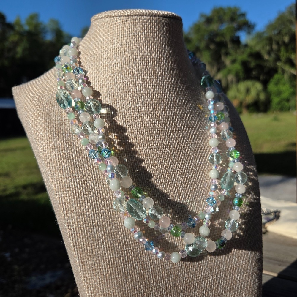 Stunning Crystal 3 Strand Beaded Necklace 8.5 Inches Pastel .925 Sterling Silver